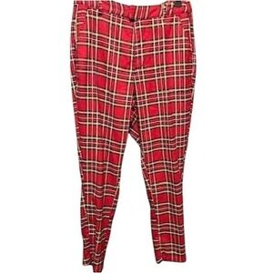 Womens Hot Topic Plaid Pants Red Tartan Checkered Casual Trousers Slim Stretch